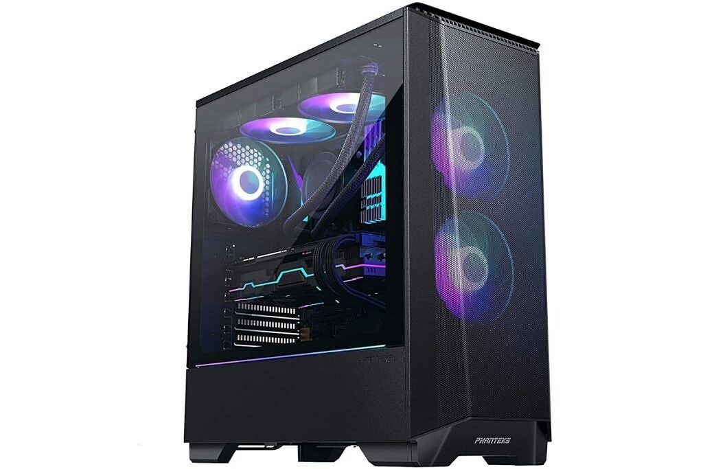 A black-colored PC case with RGB lights on the front