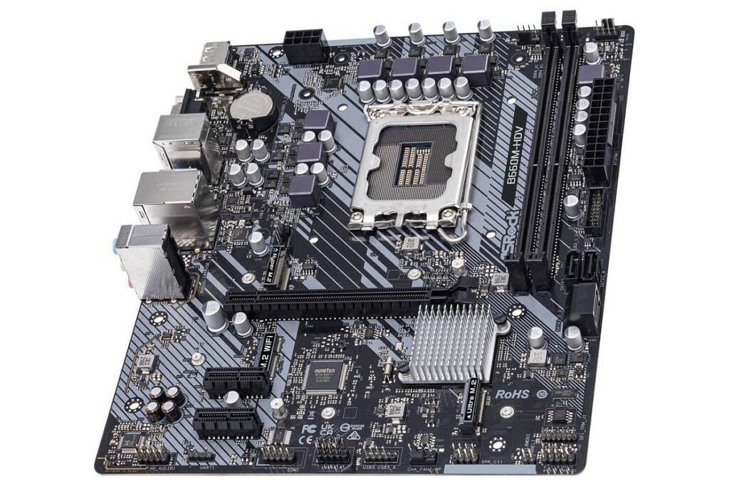 A silver colored ASRock B660 motherboard
