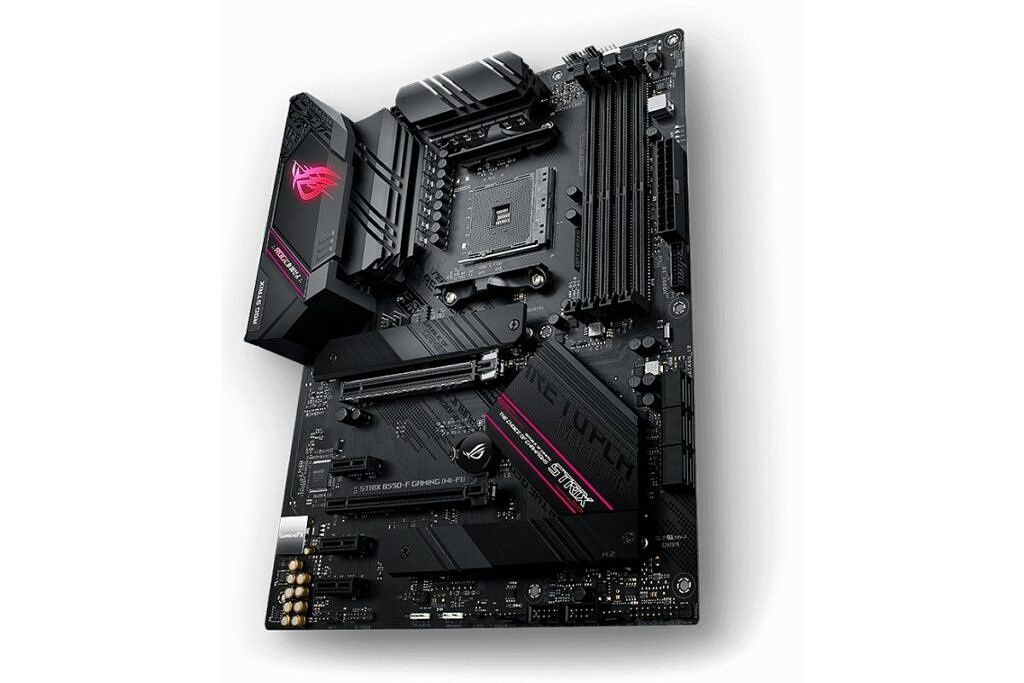 A black-colored ASUS motherboard with subtle RGB lights