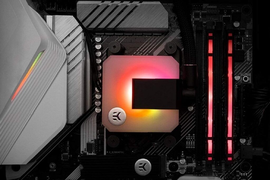 EK CPU cooler RGB water block installed on a motherboard