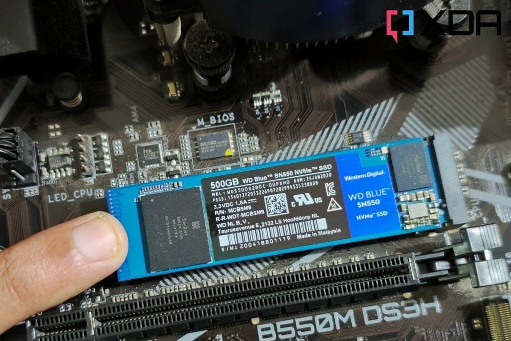A WD SN550 Blue M.2 SSD installed on a B550 motherboard
