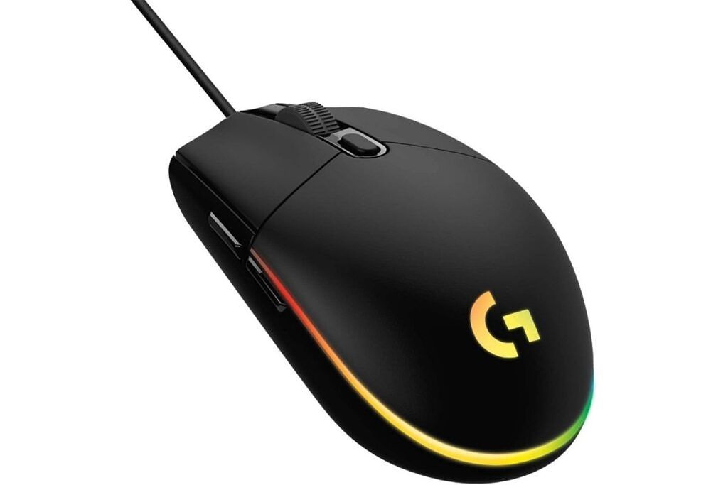 A black-colored Logitech G203 gaming mouse