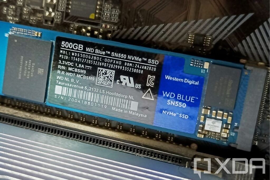 An image showing a WD SN550 Blue NVMe M.2 SSD installed on a motherboard