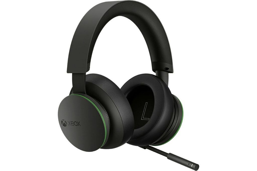 A black-colored Xbox wireless gaming headset with a microphone