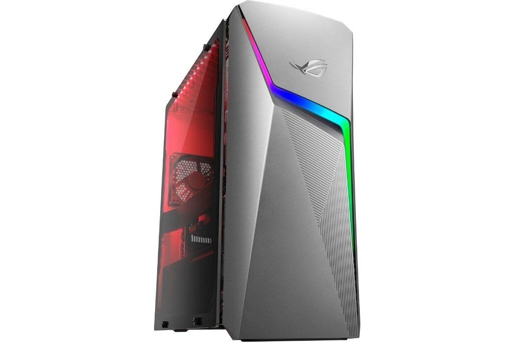 A silver-colored gaming PC with some RGB lights and a see-through side panel