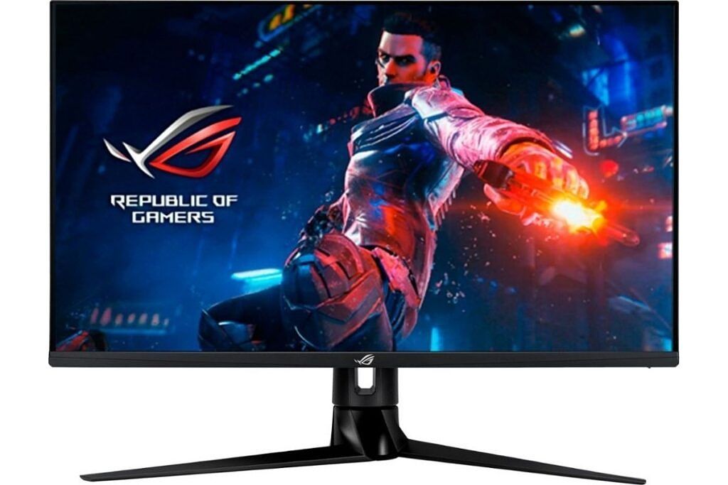 Black colored ASUS 4k gaming monitor with a stand on a white background