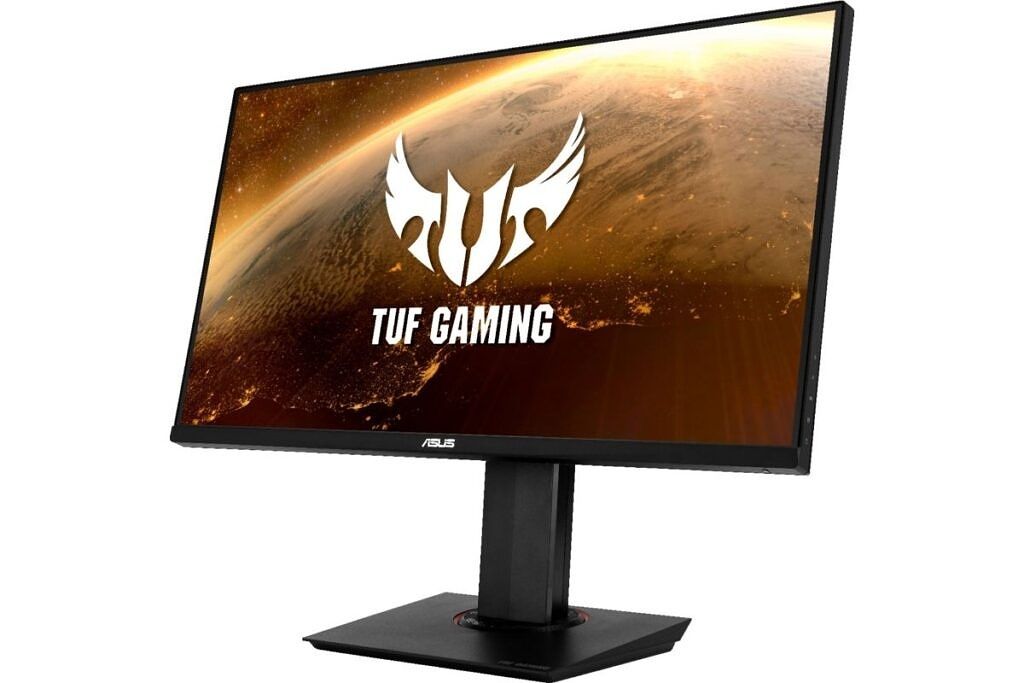 A black colored ASUS TUF 4K gaming monitor on a white background