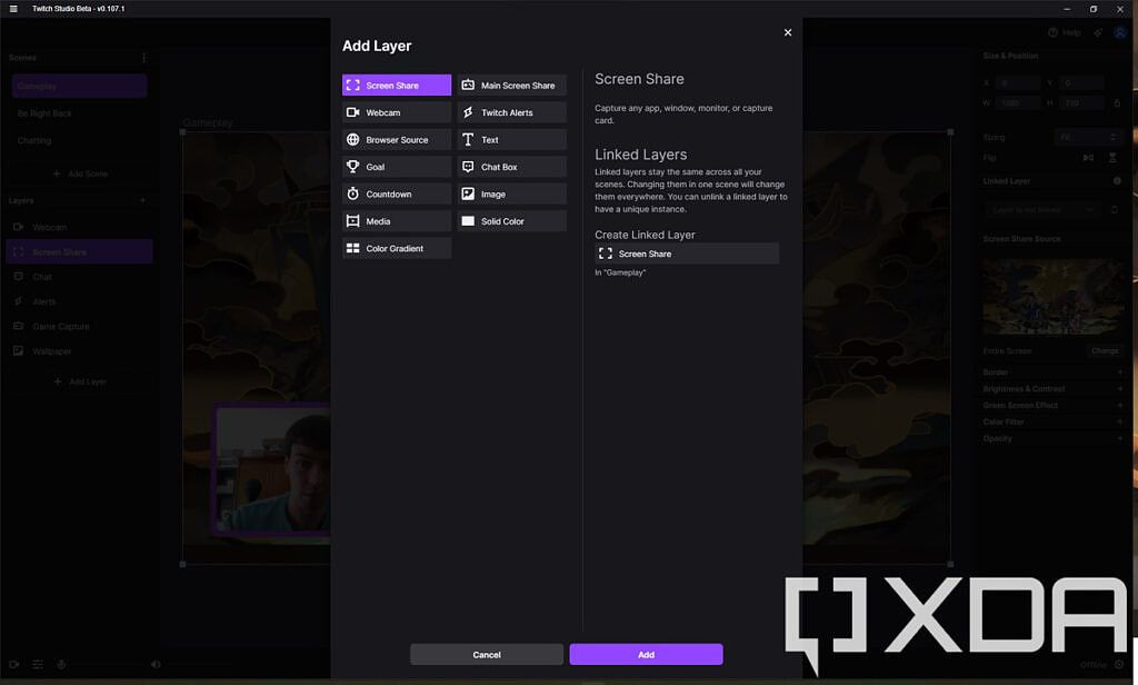 Adding a video layer in Twitch Studio