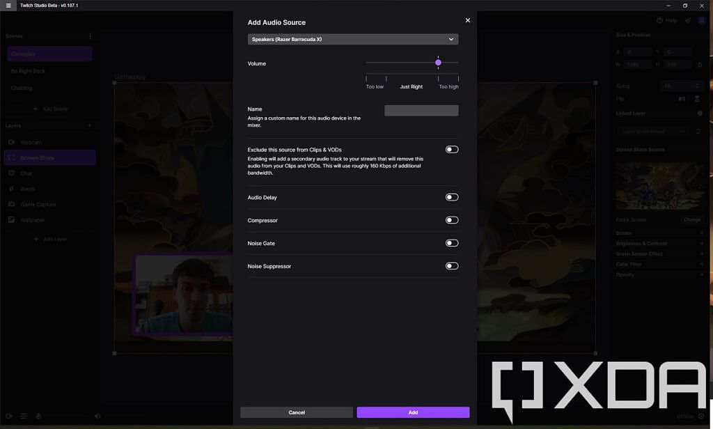 Adding an audio source in Twitch Studio