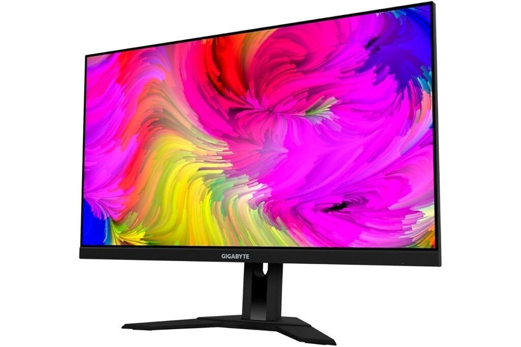 A black colored Gigabyte M28U 4k monitor with vibrant visual on the screen 