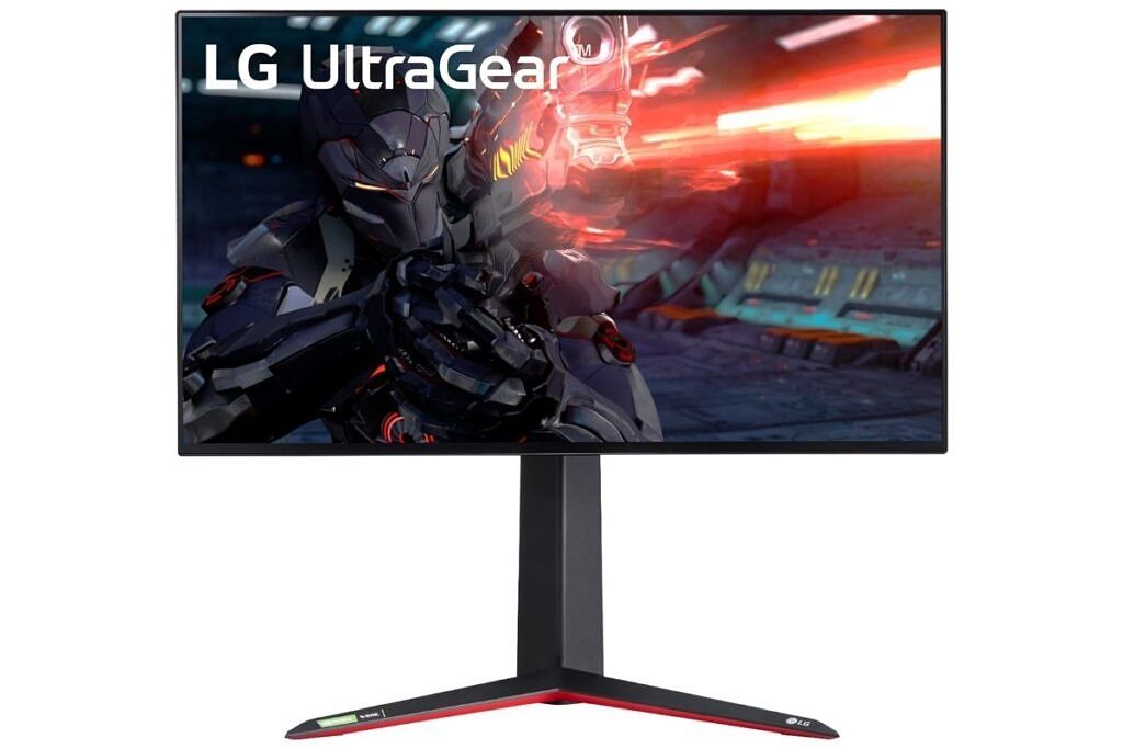 LG UltraGear 4K gaming monitor with a tall stand on a white background