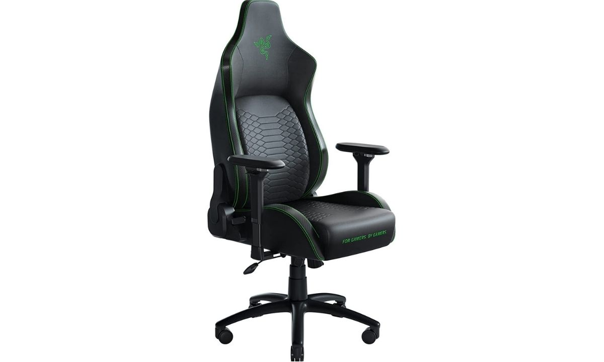 A black and green colored Razer gaming chair