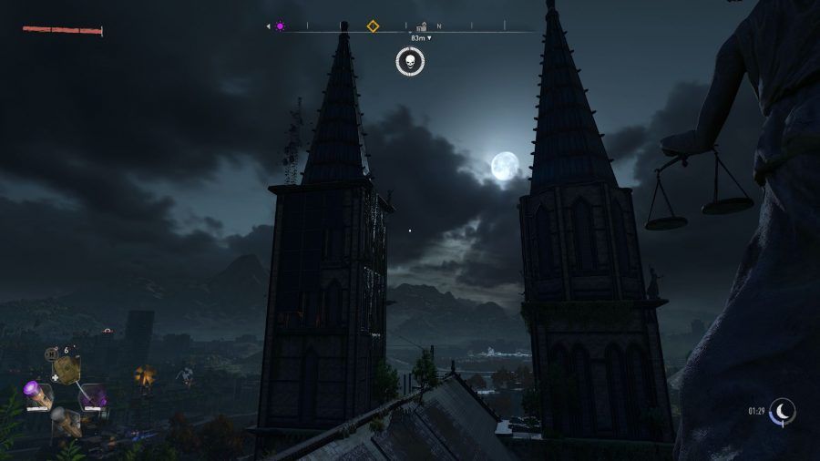 Dying Light 2's buildings at night, with the moon shining in the background