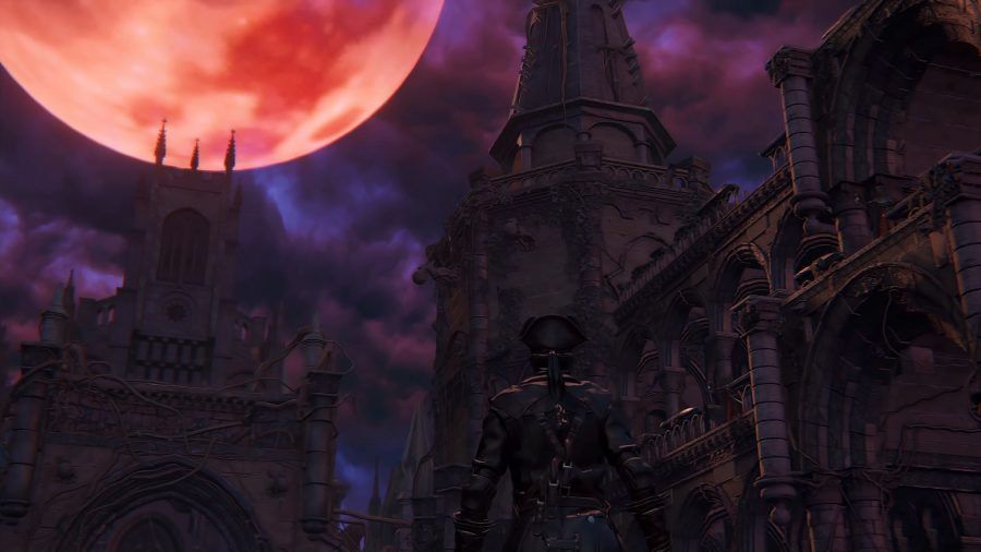 bloodborne-pc-1 A blood moon illuminates a cathedral courtyard in Bloodborne