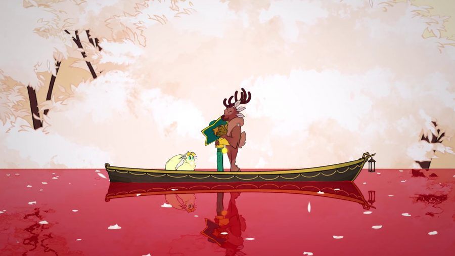 Two people hugging on a small rowboat in life game spiritfarer