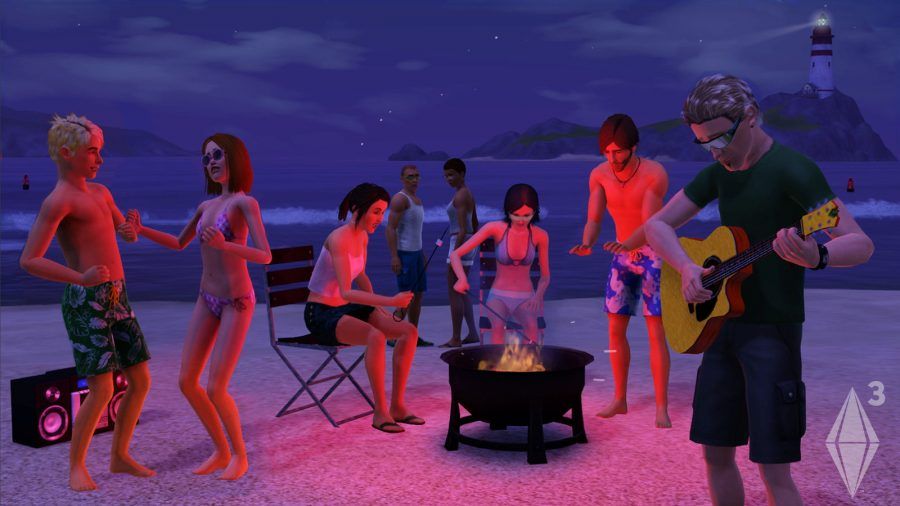 Lots of Sims characters partying on a beach in life game The Sims 3