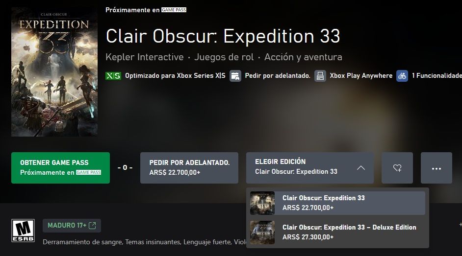 Clair Obscur Expedition 33 xbox store argentina