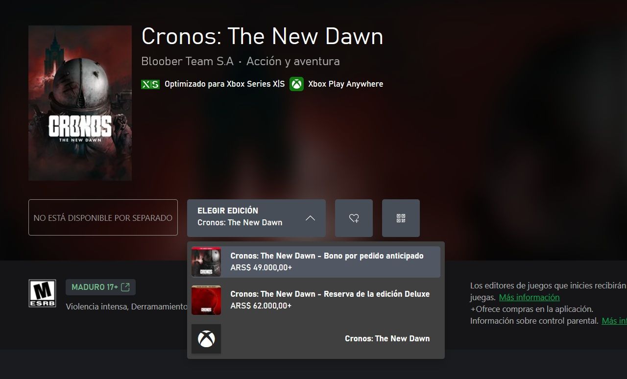 Cronos: The New Dawn ya subió de Precio en Argentina - $649 Vs $49.000 para la Estándar y $749 Vs $62.000 para la Deluxe