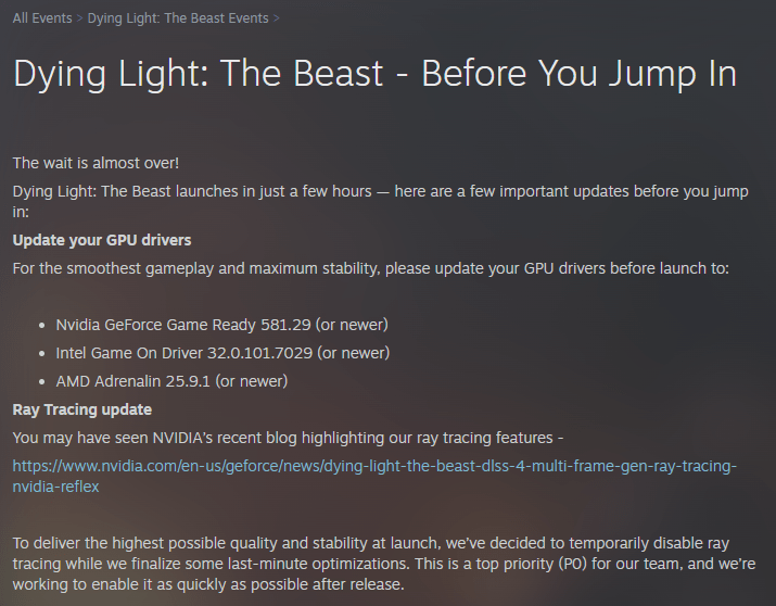 dying light the beast no rt on launch
