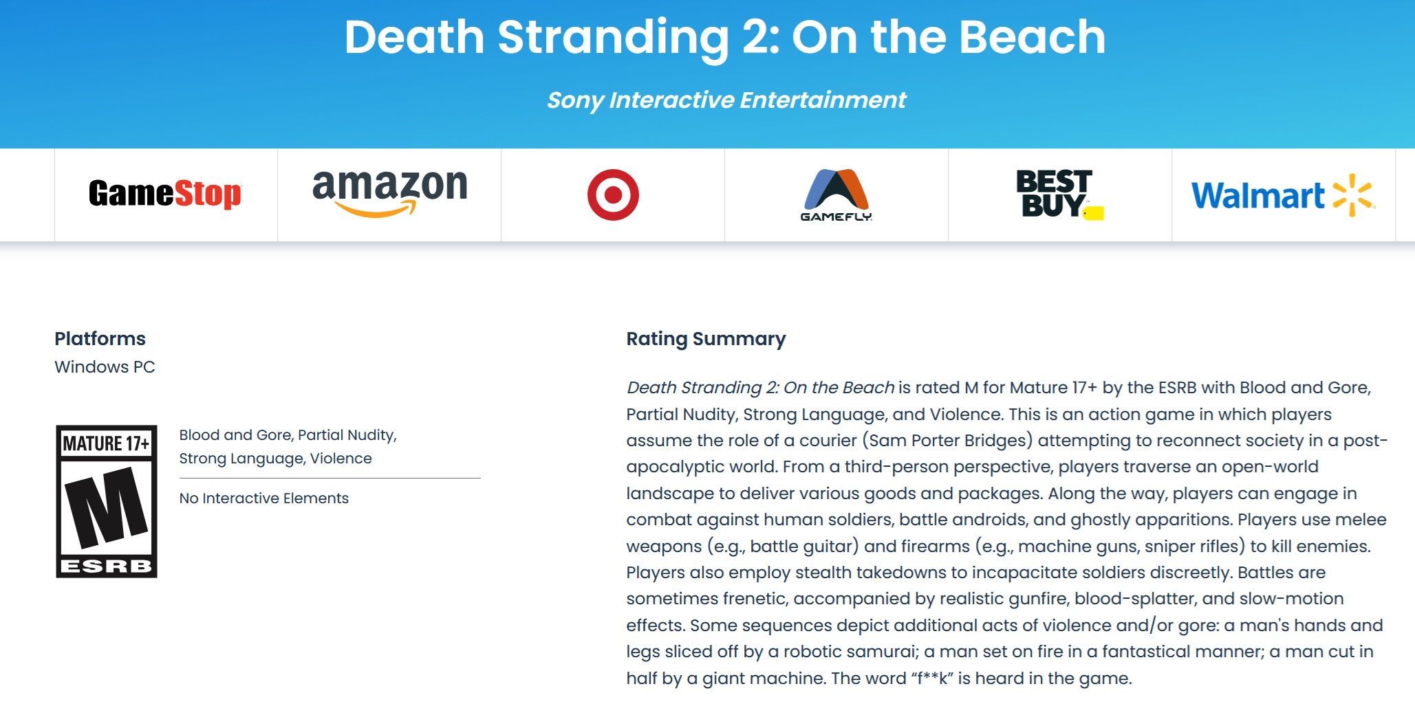 Death Stranding 2 On the Beach es clasificado PC y sería publicado por Sony, no por 505 Games